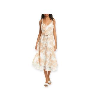 DYVNA Chacha Silk Midi Dress Peach Floral Overlay Braided Strap NWT Size 8